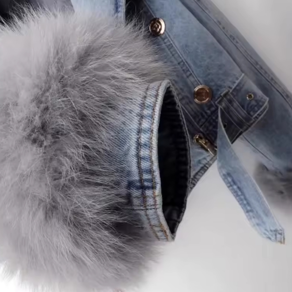 Denim Jacket With Faux Fur Warm Fur Collar Lined Denim Jacket Thicken - Picture 5 of 5
